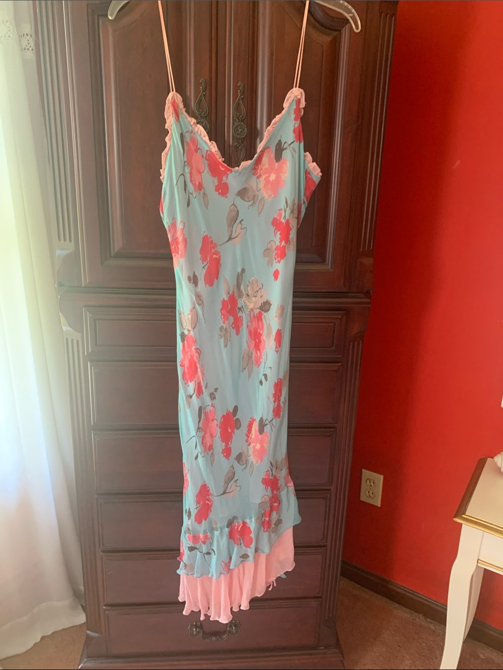 Express Aqua Blue Floral Slip Dress with Pink Accents
